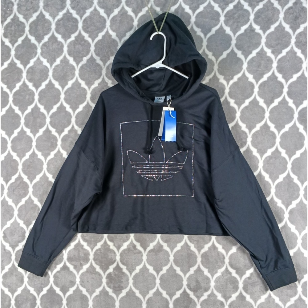 Adidas Crop Hoodie Women Large Black Rhinestone Crystal Trefoil Drop Shoulder